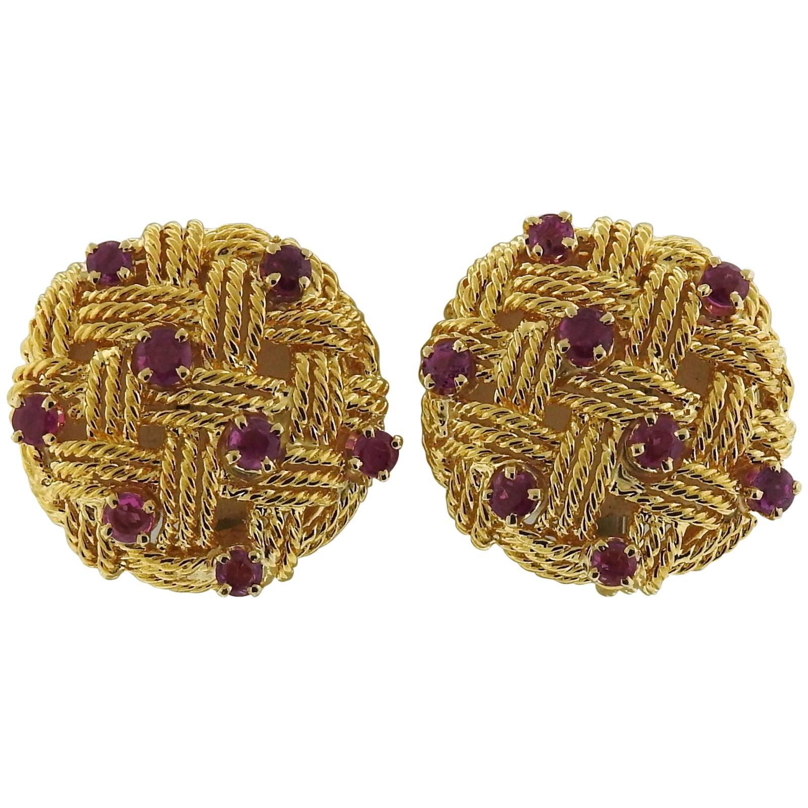 1960s Ruby Woven Gold Earrings