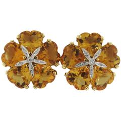 Large Retro Citrine Diamond Gold Flower Earrings
