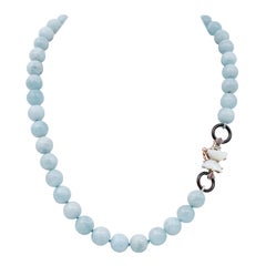 Aquamarine, White Stones, Rubies, Onyx, Rose Gold and Silver Necklace