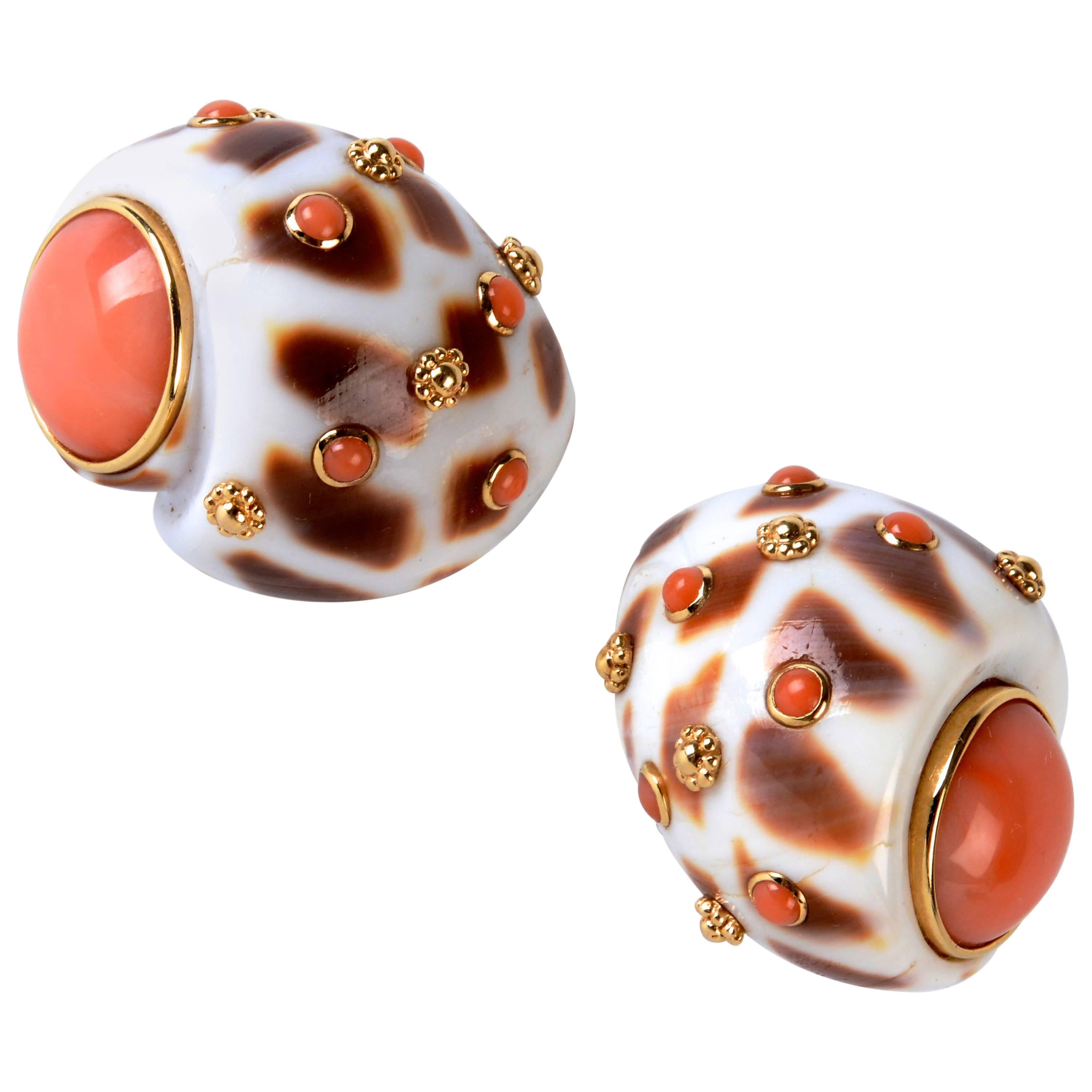 Pair of Coral Gold Mounted Shell Earrings