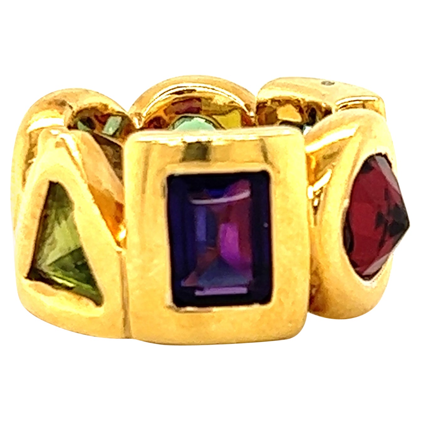 Chanel Geometric Multi Gemstone 18k Yellow Gold Wide Band Ring For Sale