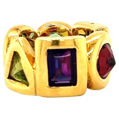 Vintage Chanel Geometric Multi Gemstone 18k Yellow Gold Wide Band Ring