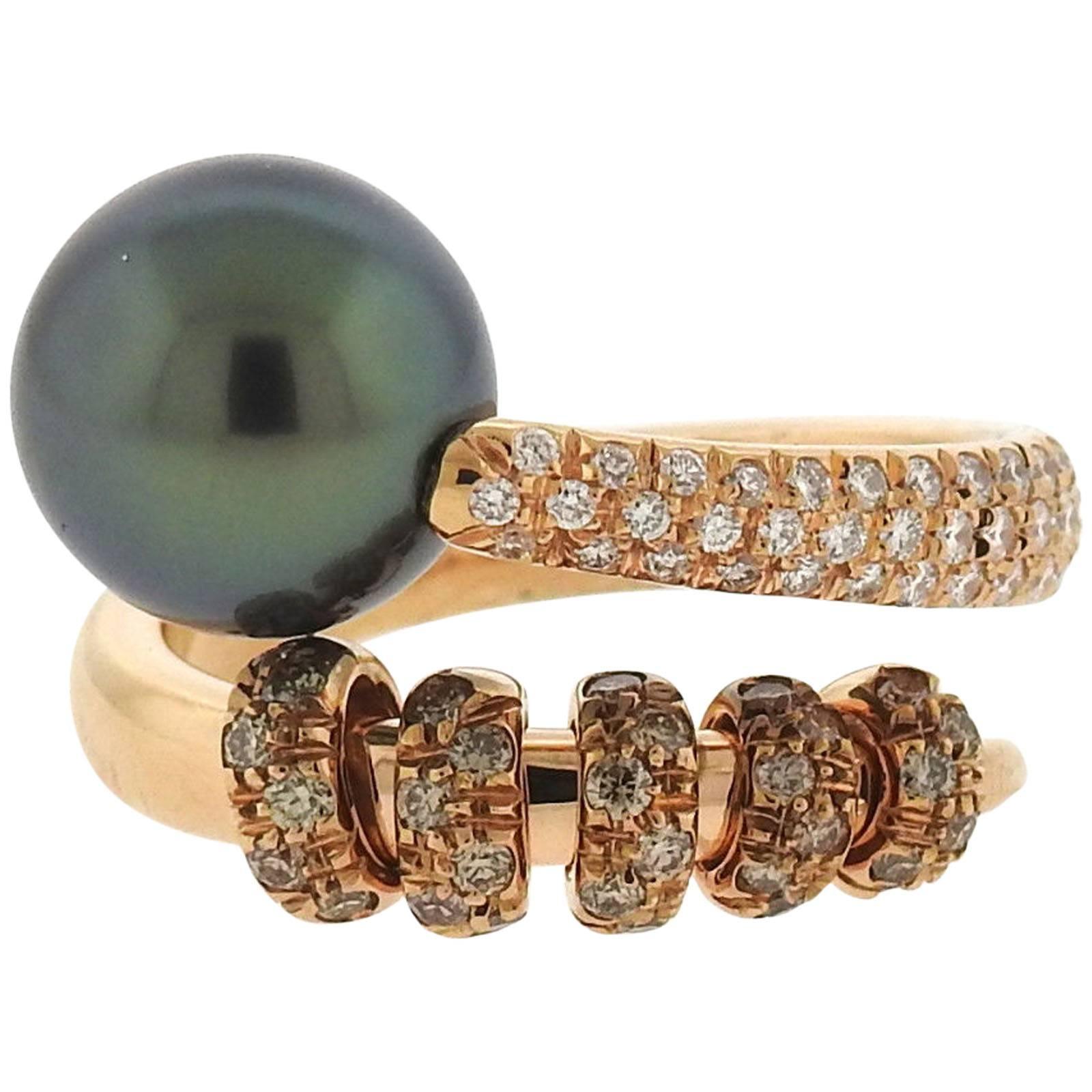 Mikimoto Pearl Diamond Gold Swirl Ring For Sale