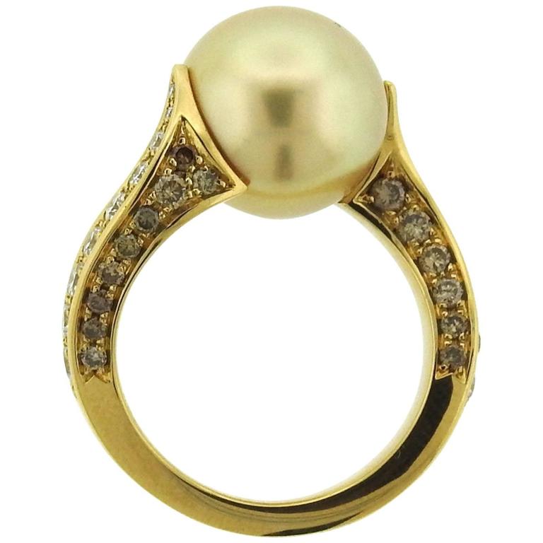 Mikimoto Golden South Sea Pearl Diamond Gold Ring at 1stDibs