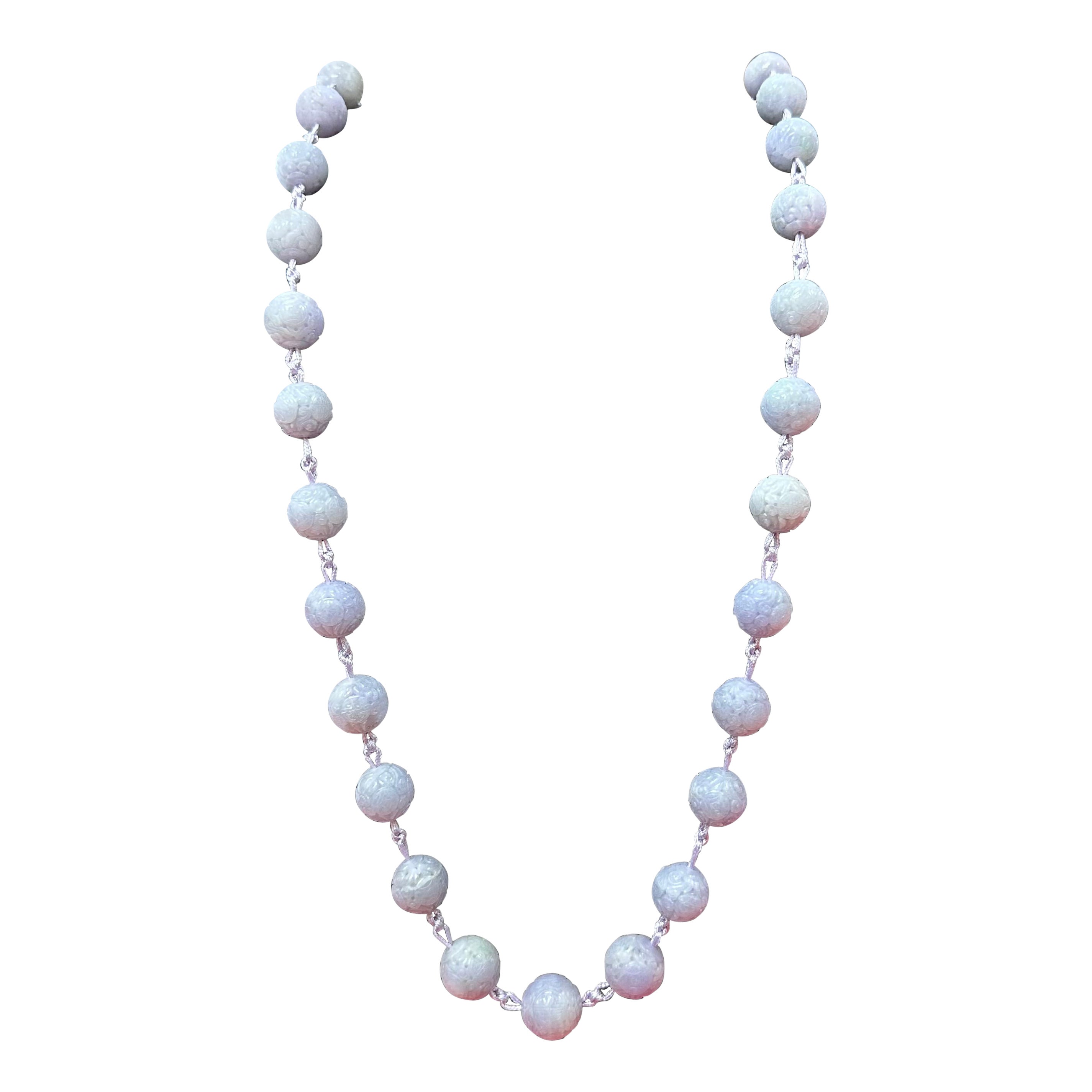 Certified Light Lavender Carved Jade Beads Necklace For Sale