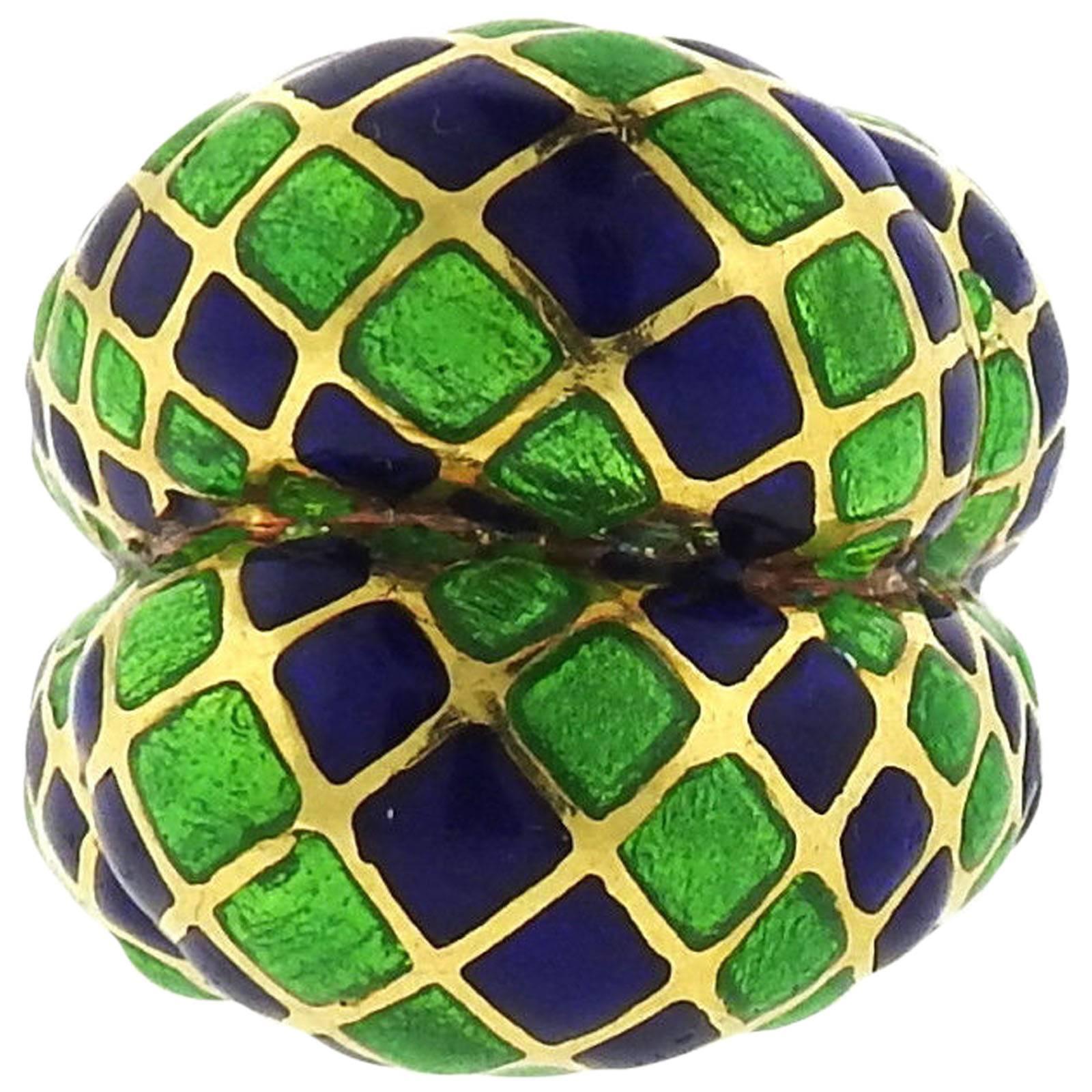 Large Blue and Green Enamel Gold Dome Ring