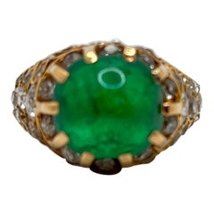 18k Yellow Gold Cabochon Emerald and Diamond Ring, French, Vintage, circa 1940s