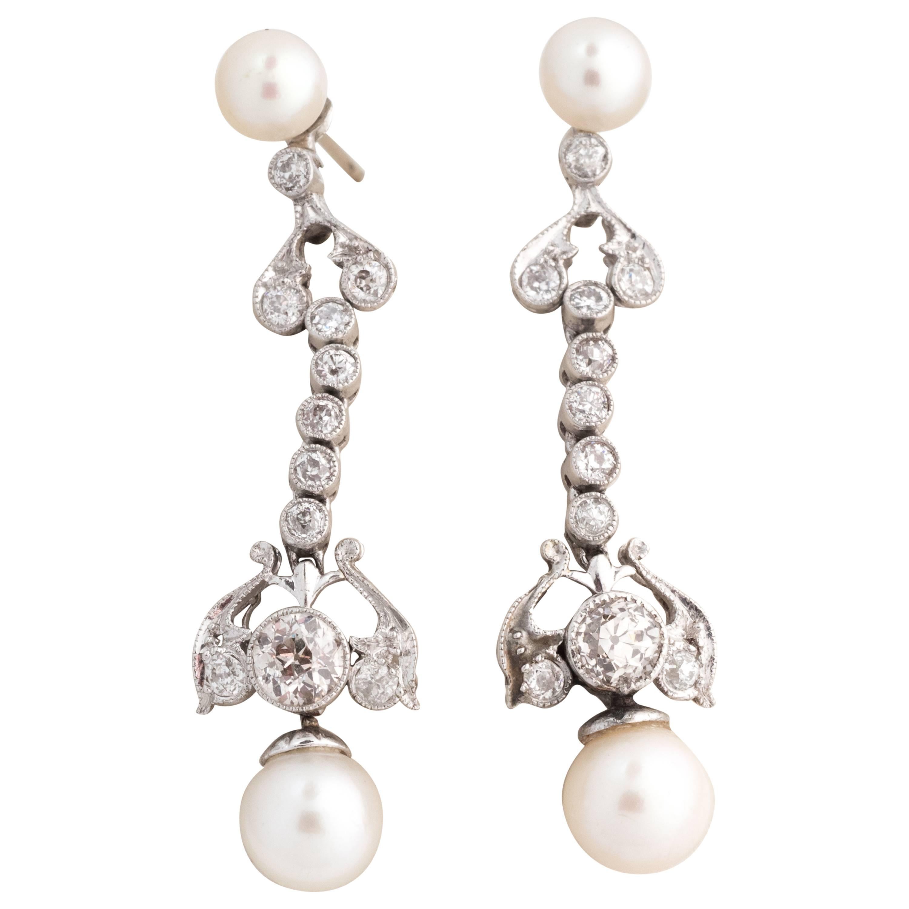 1920s 1.75 Carats Total Old Miner Diamond and Pearl Gold Drop Earrings
