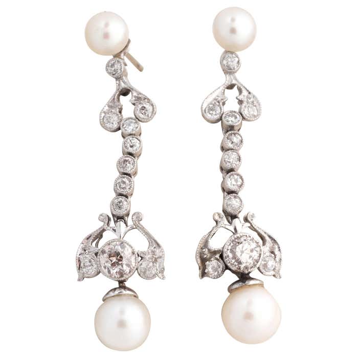 1920s 1.75 Carats Total Old Miner Diamond and Pearl Gold Drop Earrings ...