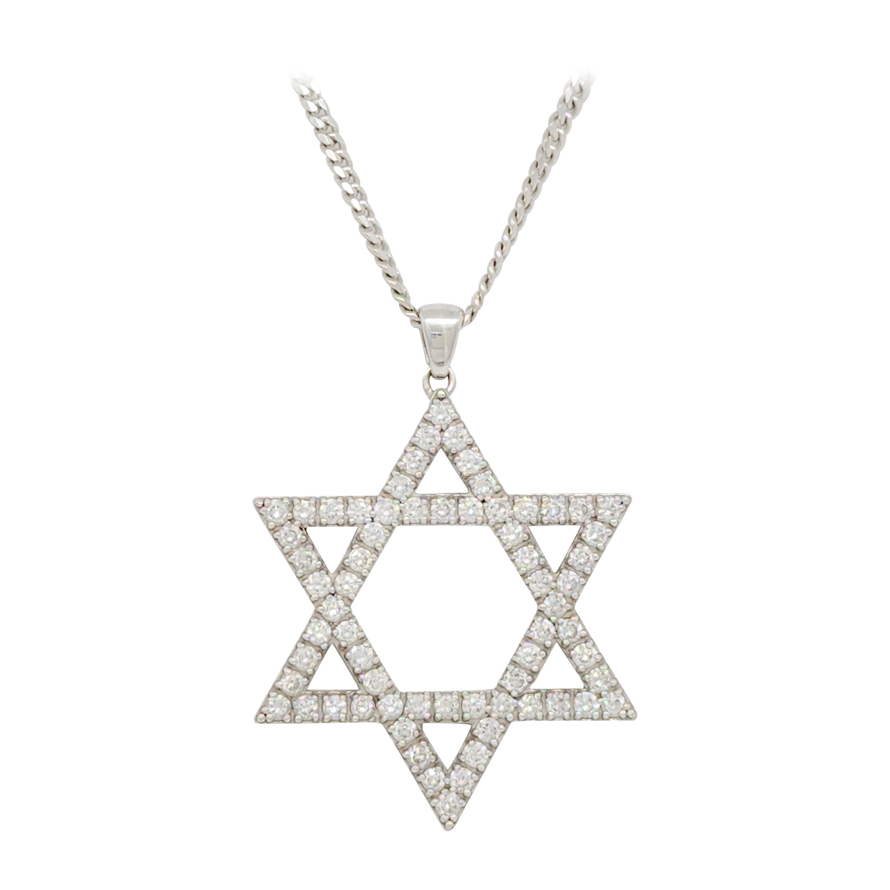 White Diamond Star of David Pendant Necklace in 14k White Gold For Sale