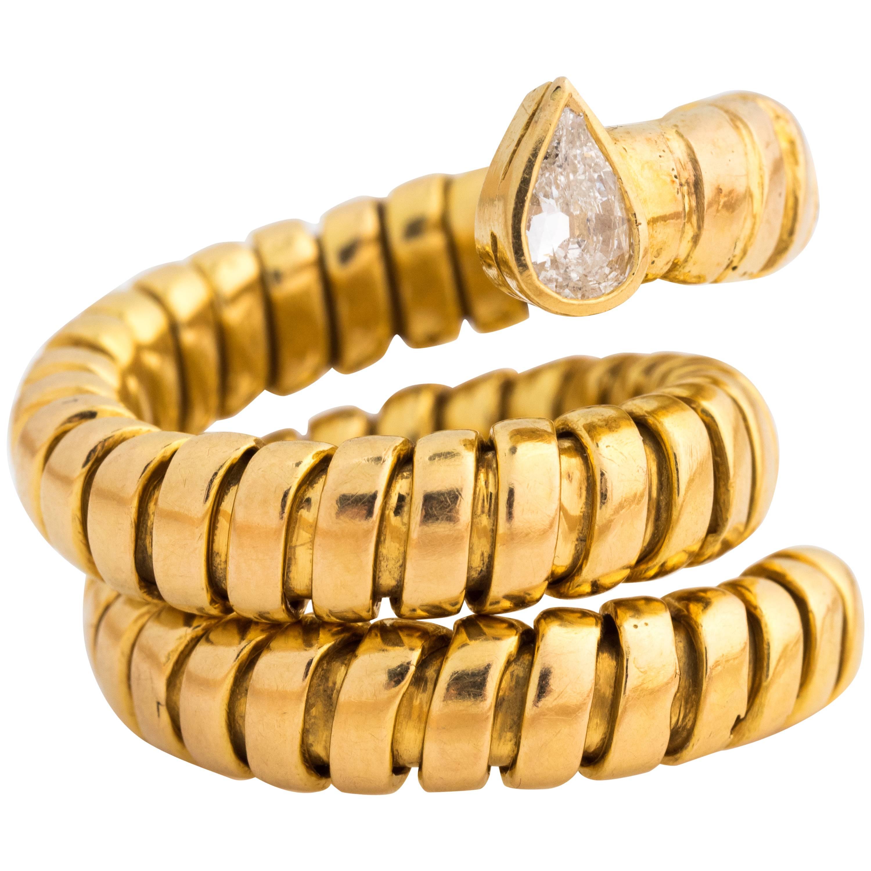 1950s Serpent Pear Shape Diamond Gold Tube Coil Ring