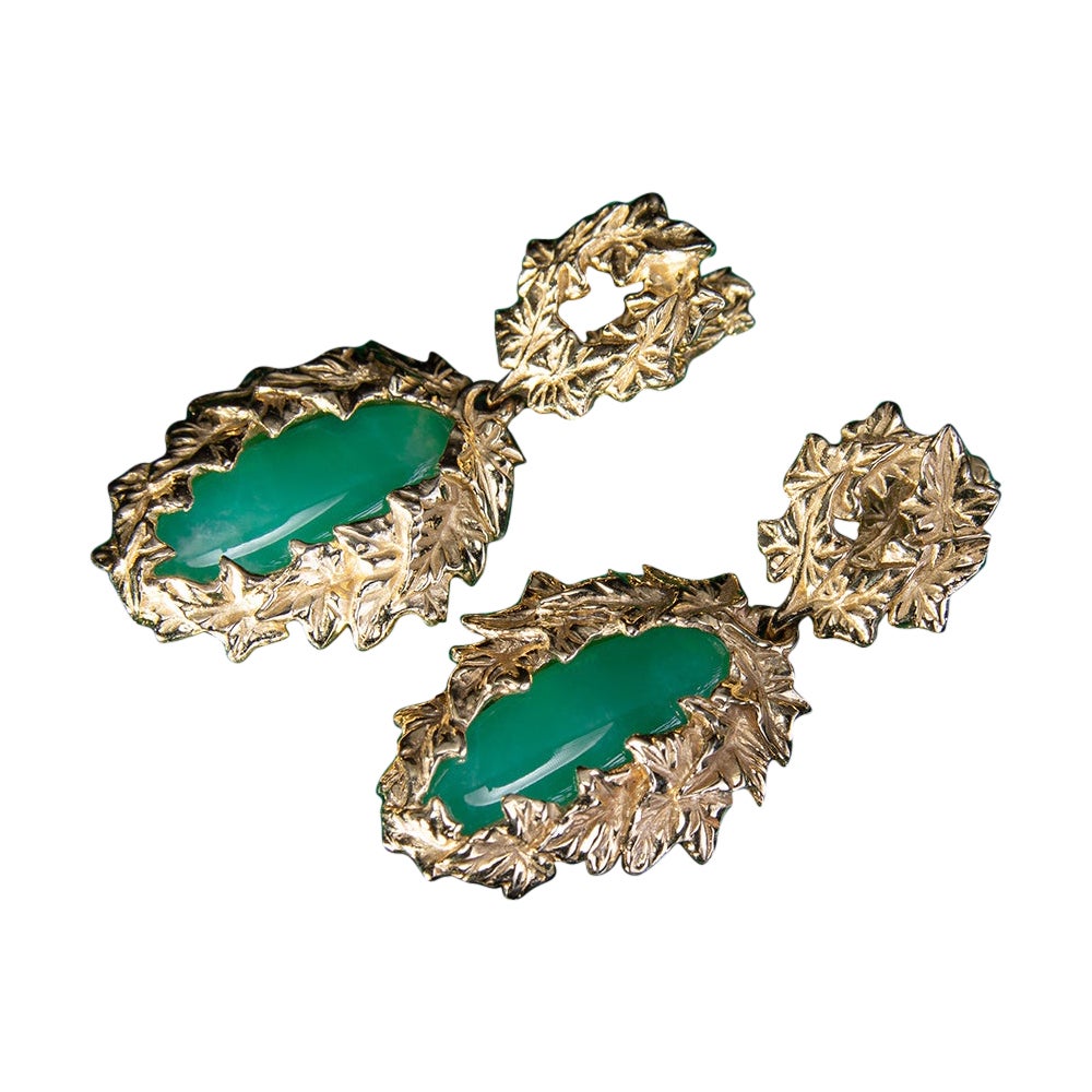 Chrysoprase Gold Earrings Dangle Long Green Art Nouveau Style For Sale