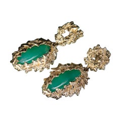 Chrysoprase Gold Earrings Dangle Long Green Art Nouveau Style