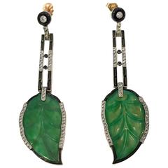 Divine Art Deco Carved Jade Diamond Platinum Earrings 10
