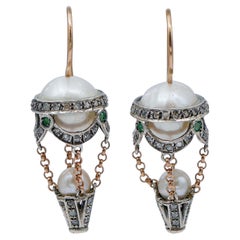 Pearls, Emeralds, Diamonds, Rose Gold and Silver Hot Air Balloon Earrings