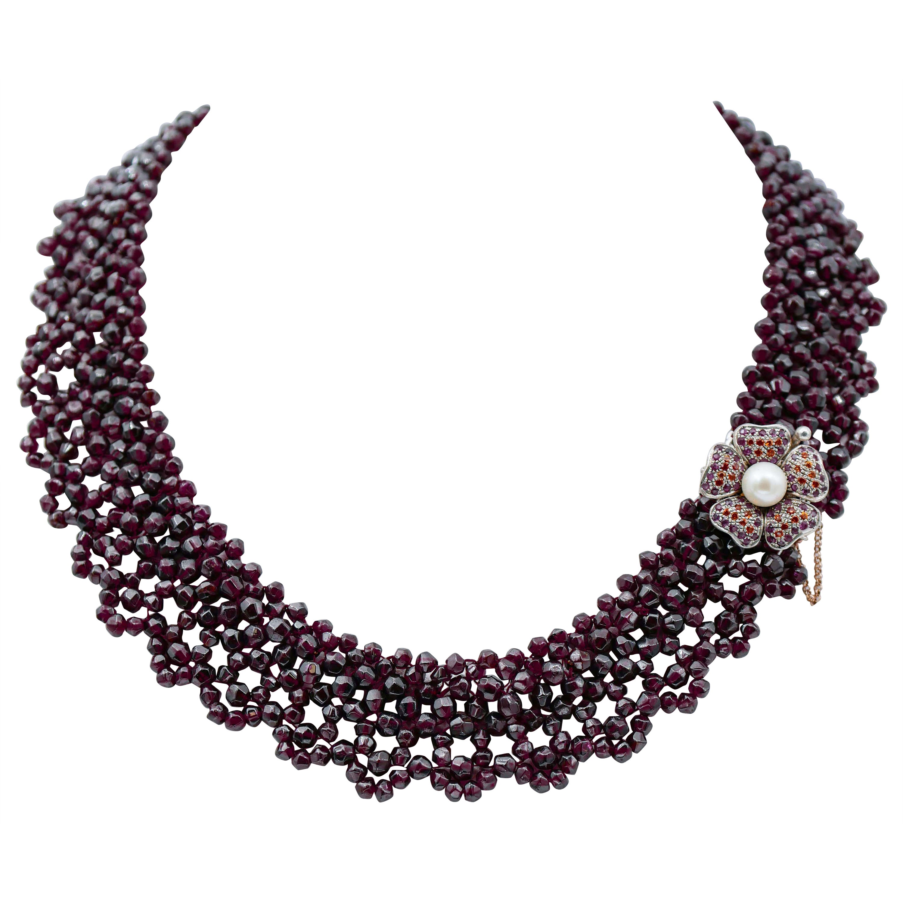 Rubies, Garnets, Stones, Pearl, Rose Gold and Silver Multi-Strands Necklace For Sale