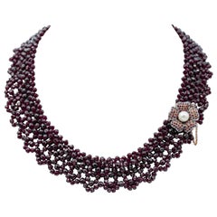 Rubies, Garnets, Stones, Pearl, Rose Gold and Silver Multi-Strands Necklace