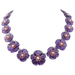 Collier en or rose et argent avec rubis, améthystes hydrothermiques, perles