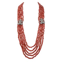 Vintage Coral, Sapphires, Tsavorite, Diamonds, Rose Gold and Silver Necklace