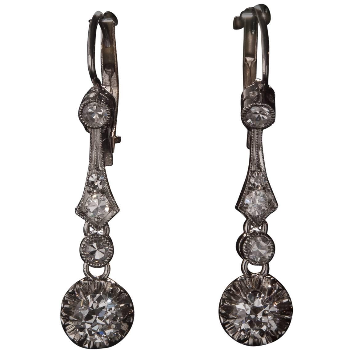 1930s Art Deco Diamond Gold Dangle Earrings For Sale