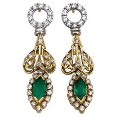 Retro 18 Karat Gold 0.90 Carat Emerald 0.70 Carat Diamond Stud Drop Earrings