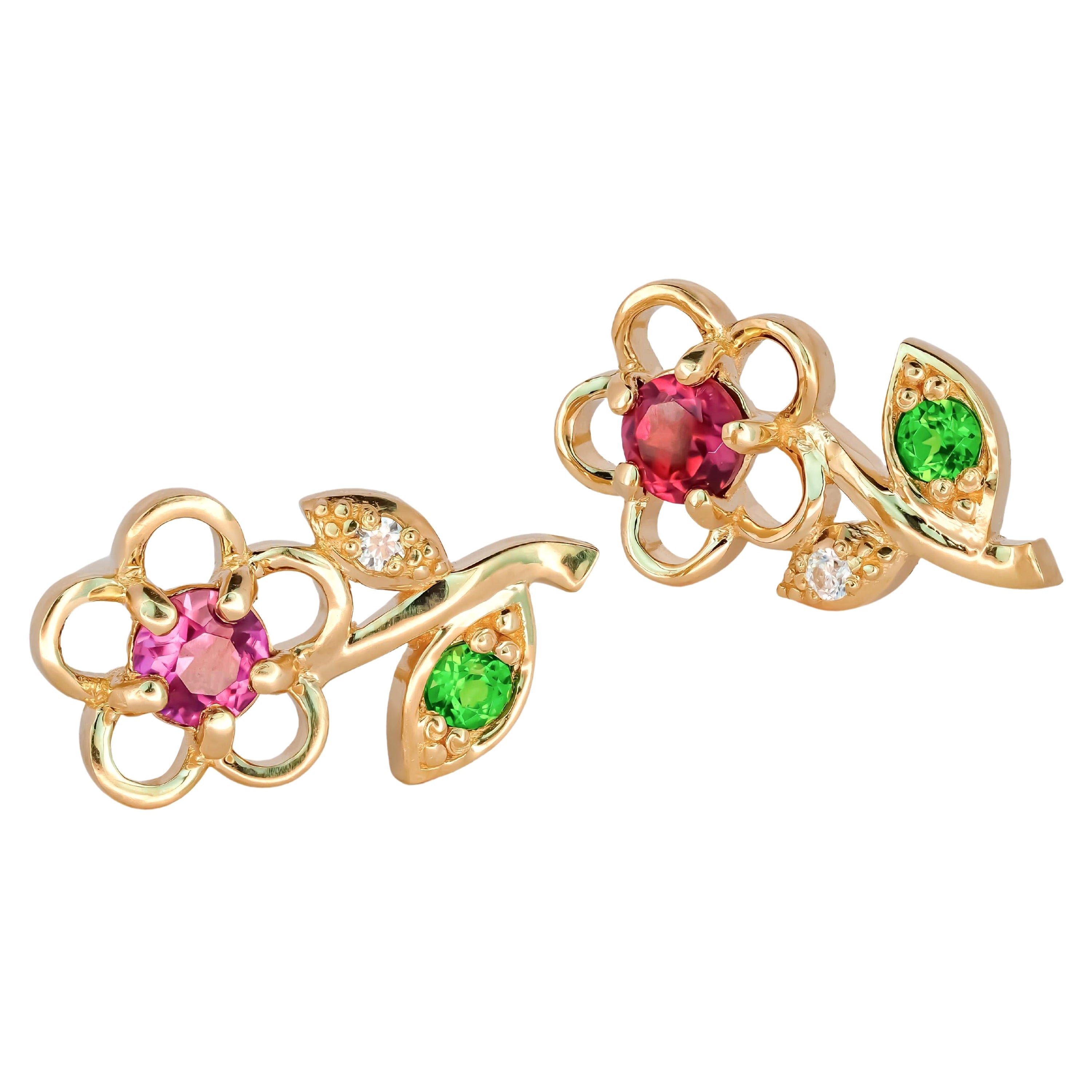 14k Gold Earrings Studs with Garnets, Tsavorites and Diamonds