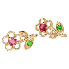 14k Gold Earrings Studs with Garnets, Tsavorites and Diamonds