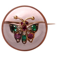 Victorian Gold Butterfly Brooch with Rock Crystal, Ruby, Emerald and Diamond