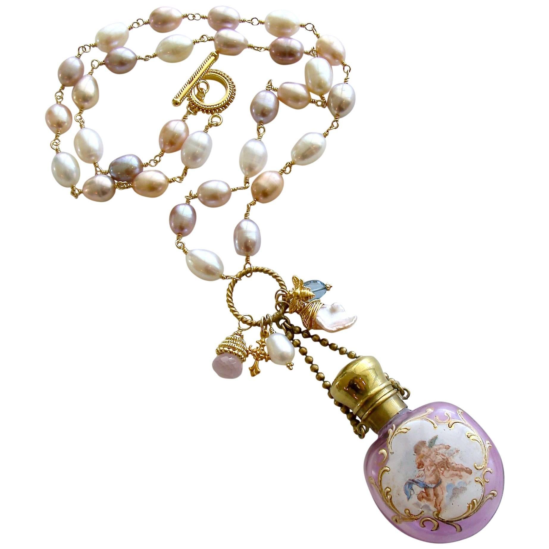 Pink Pearls Cherub Chatelaine Scent Bottle Necklace