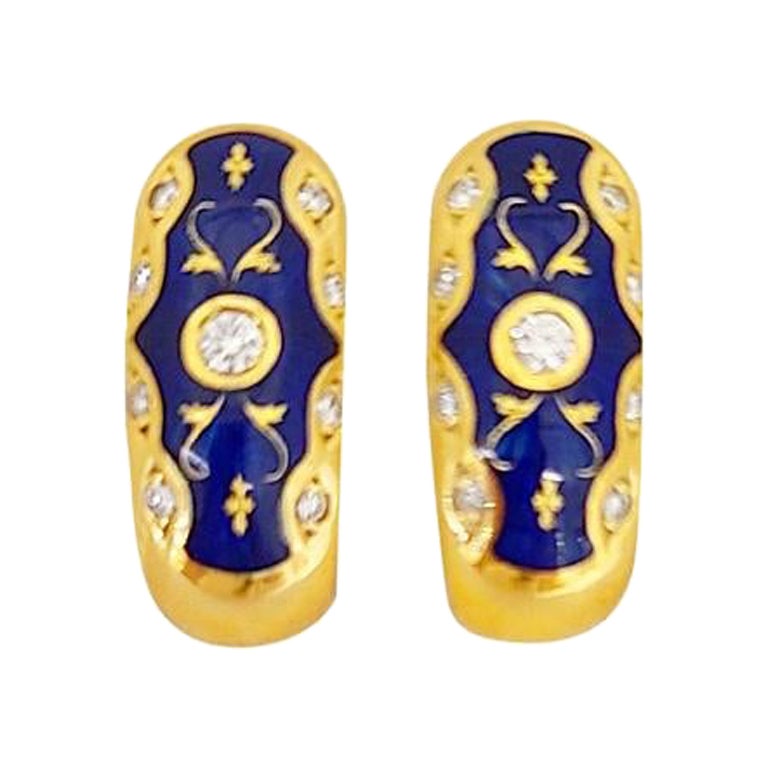 Faberge Huggy-Ohrringe #51/300, 18 Karat Gelbgold Diamant 0,24 Karat & blaue Emaille im Angebot
