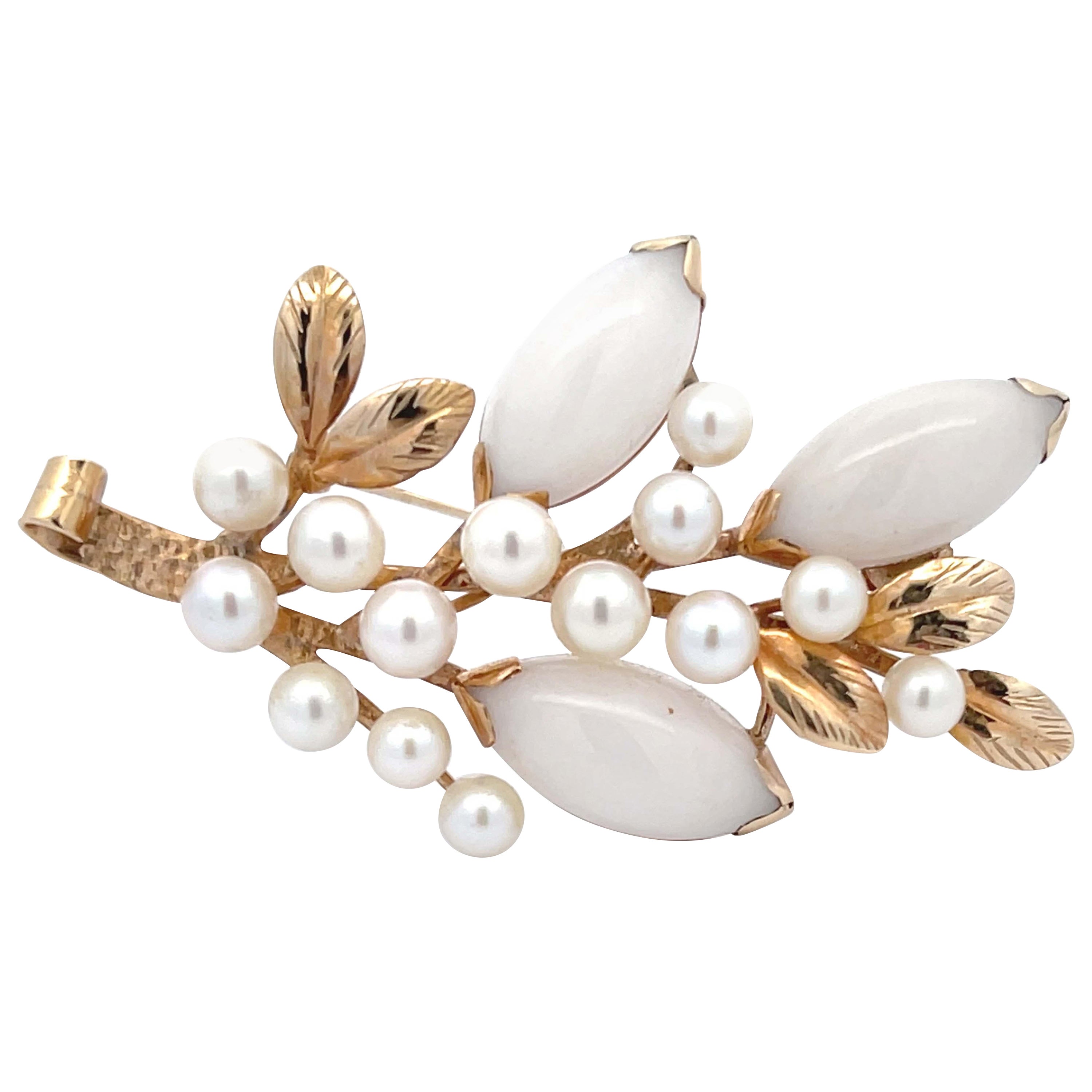 Mings White Jade and Pearl Branch Brooch in 14k Yellow Gold For Sale