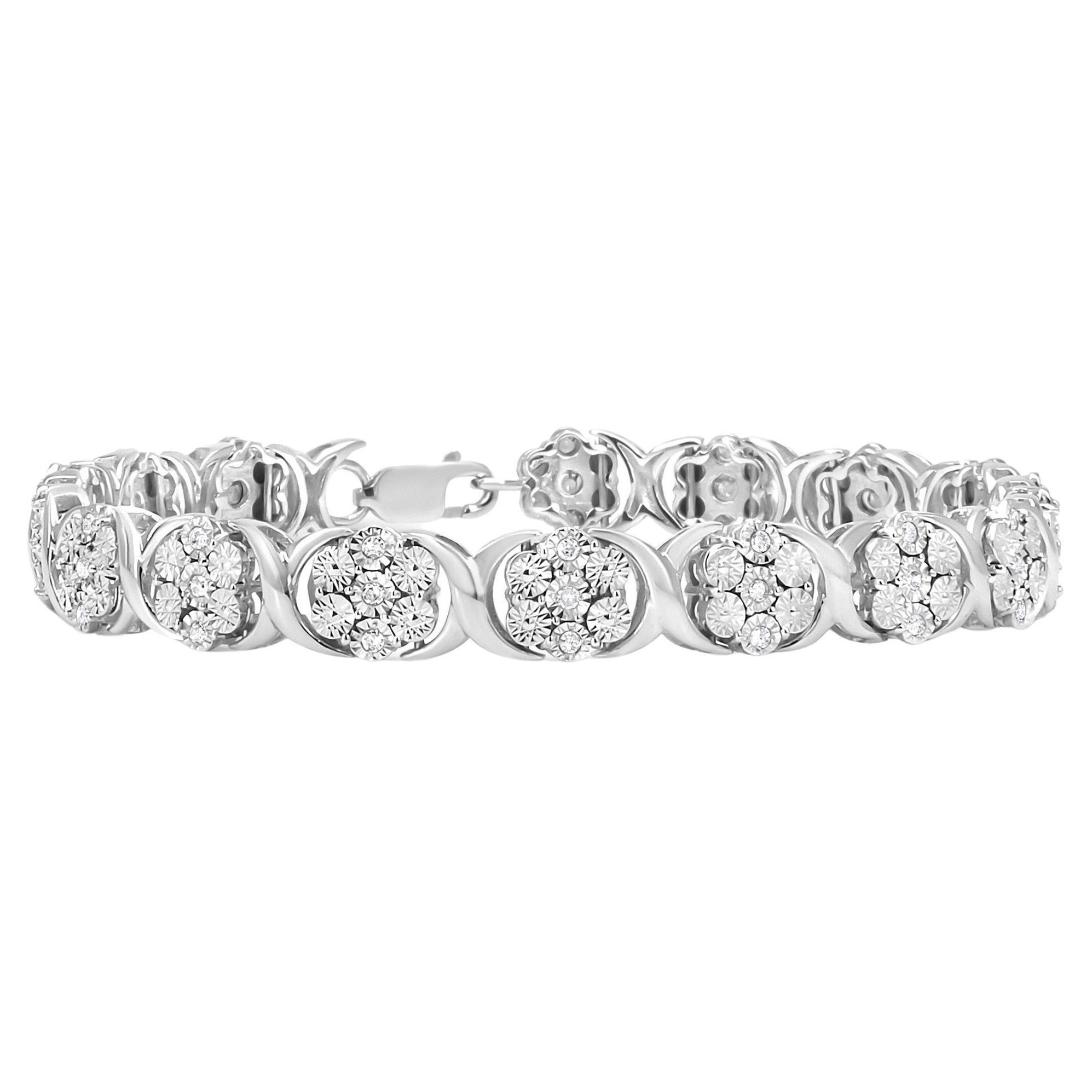 .925 Sterling Silver 1/2 Carat Diamond 7 Stone Floral Cluster Link Bracelet