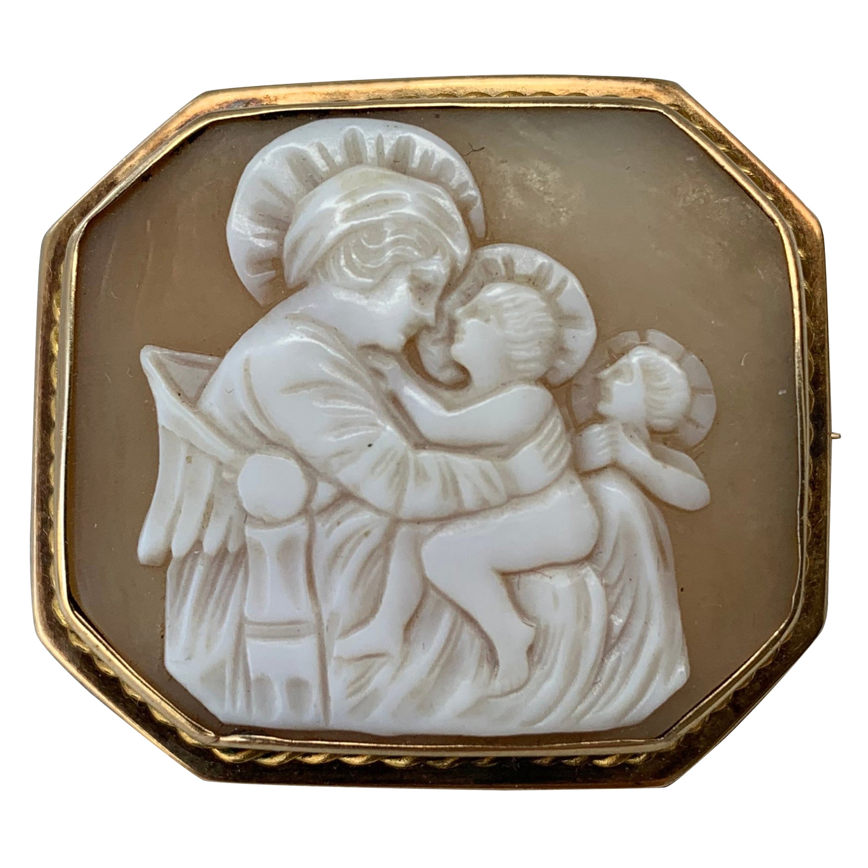 Madonna and Child Guardian Angel Cameo Brooch Pin Gold Antique Victorian Rare For Sale