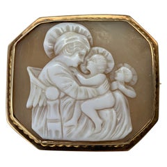 Madonna and Child Guardian Angel Cameo Brooch Pin Gold Vintage Victorian Rare