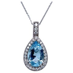 Natural Aquamarine Diamond Pendant with Chain 14k W Gold 4.19 TCW Certified 