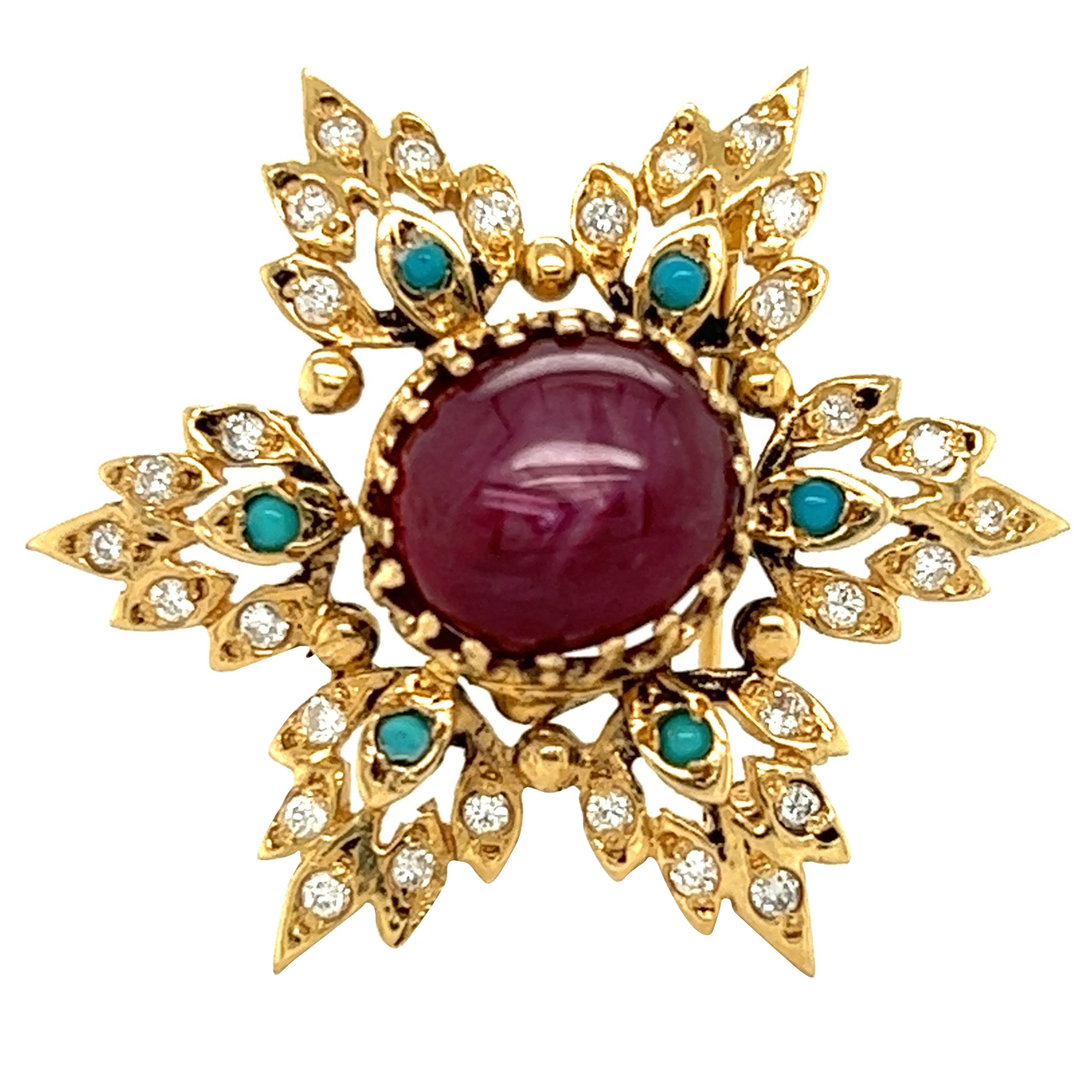 Broche flocon de neige ornée de diamants, turquoises et rubis étoilés, vintage en vente