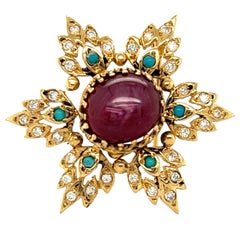 Vintage Ornate Snowflake Brooch Diamond Turquoise & Star Ruby Gemstones