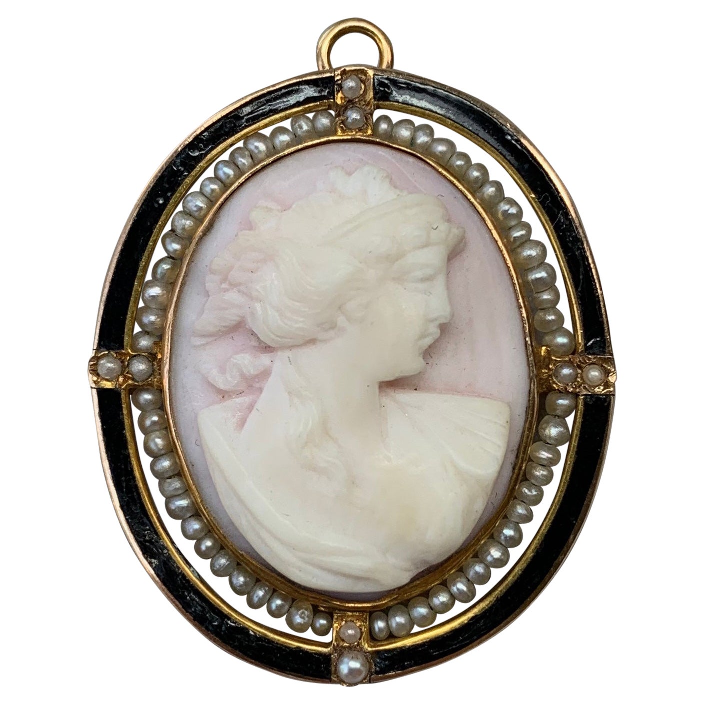 Coral Enamel Pearl Goddess Cameo Pendant Brooch Necklace Gold Antique Victorian For Sale