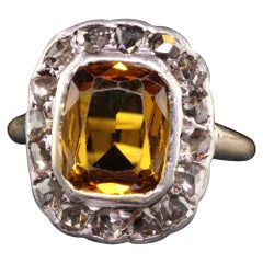 Antique Victorian 14k Yellow Gold Silver Top Citrine Rose Cut Diamond Ring