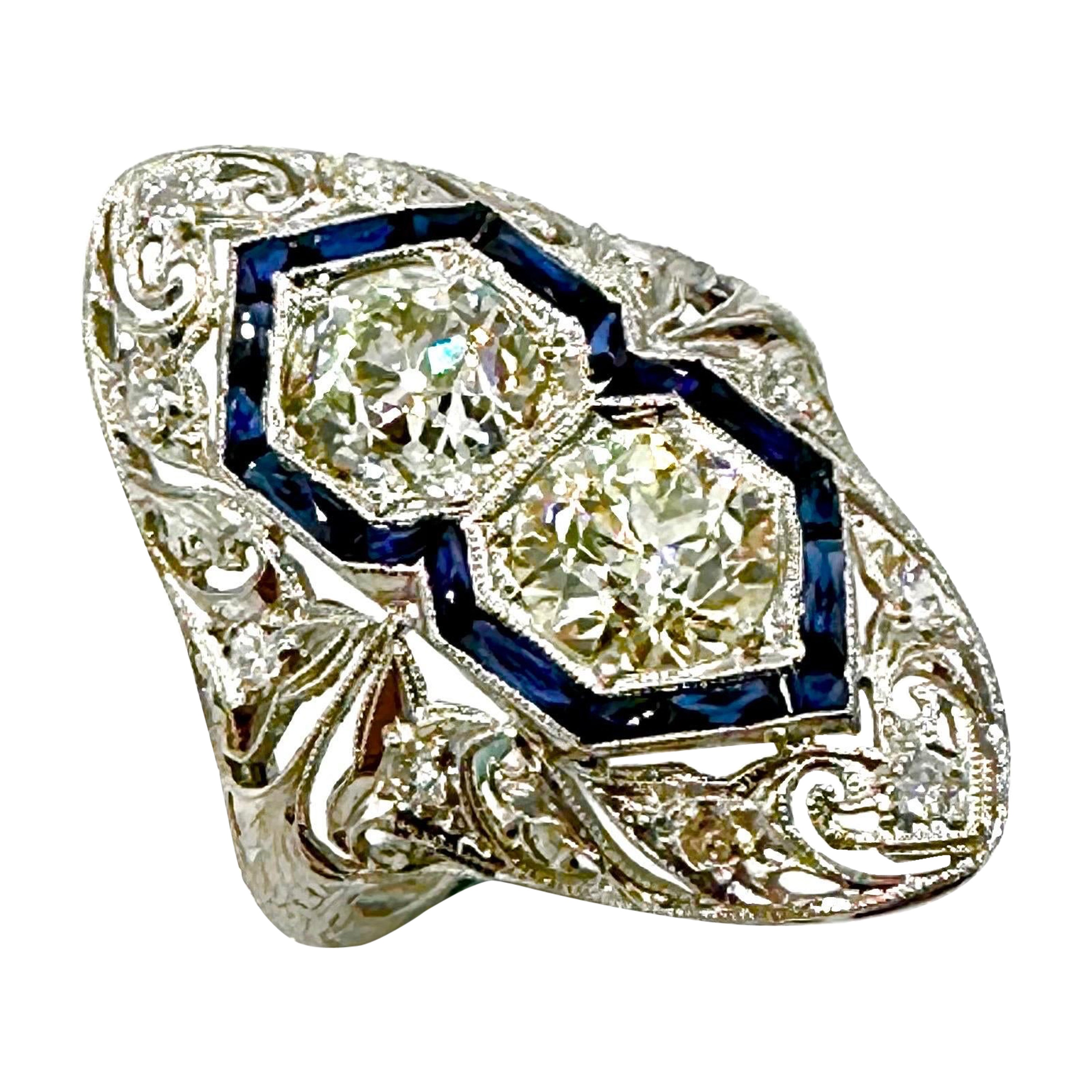 Art Deco 2.74 Carat Old European Cut Diamond and Sapphire Platinum Ring For Sale