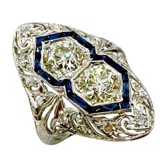 Retro Art Deco 2.74 Carat Old European Cut Diamond and Sapphire Platinum Ring