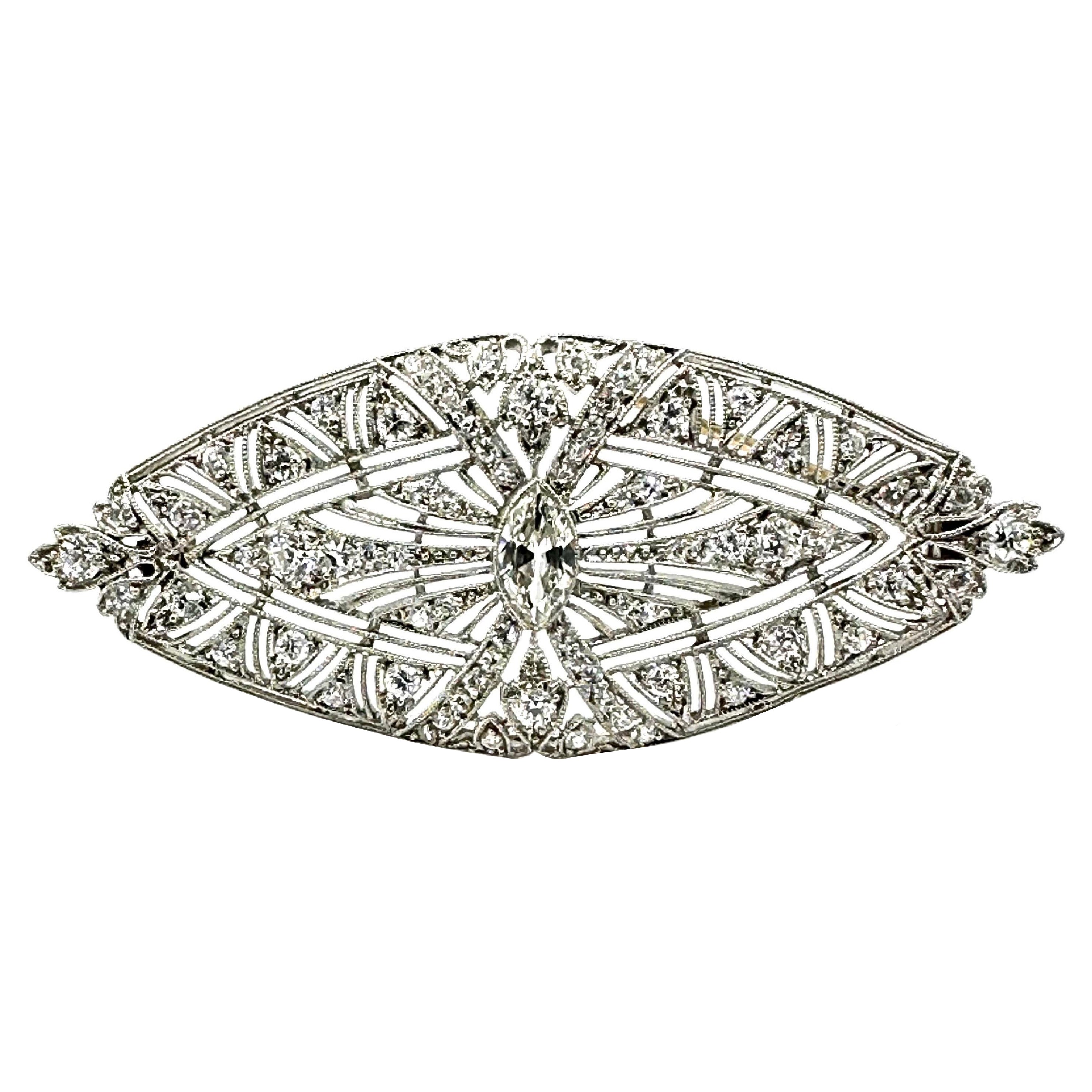Art Deco 1.59 Carat Diamond Platinum Brooch For Sale
