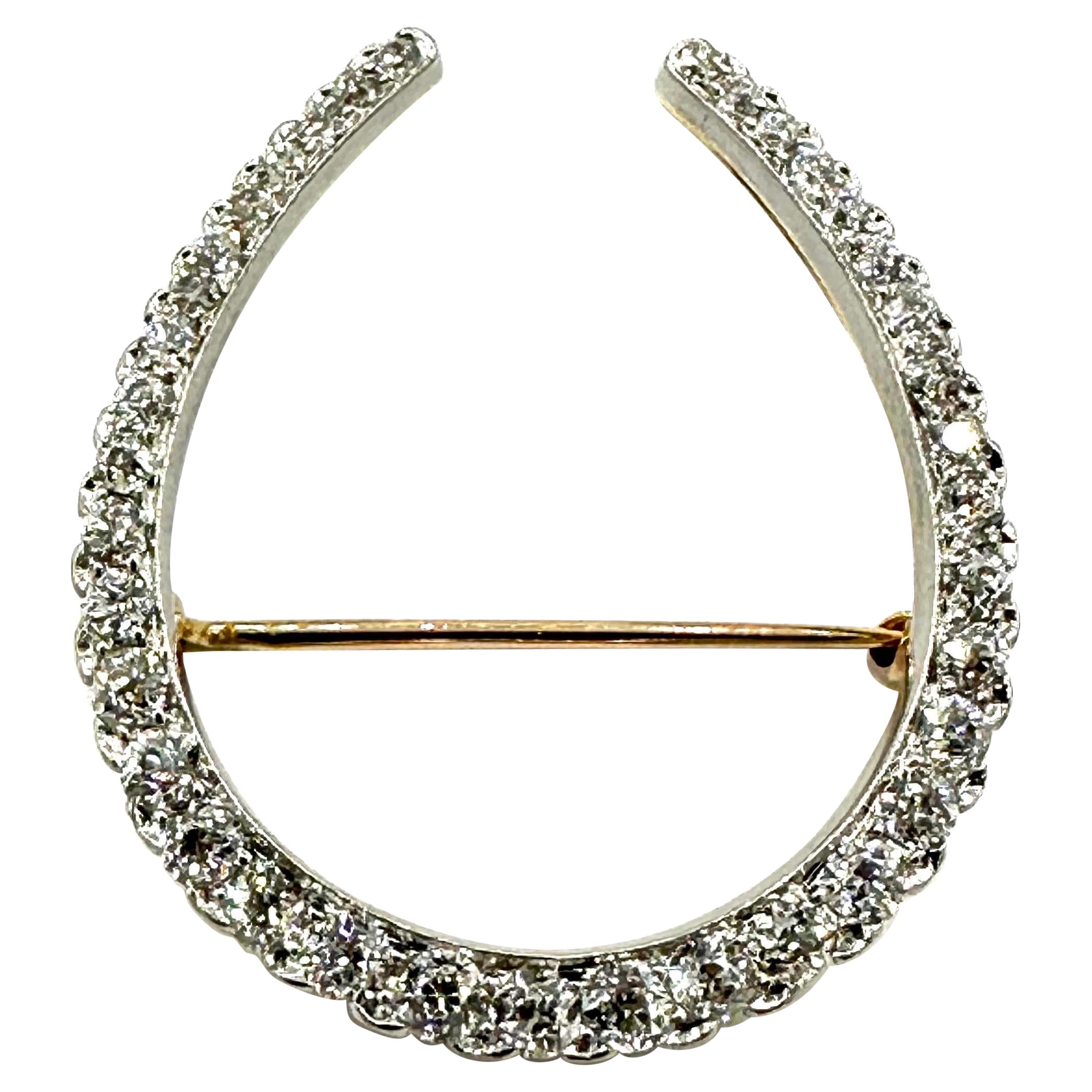 2.00 Carat Old European Cut Diamond Platinum over Gold Horseshoe Brooch For Sale