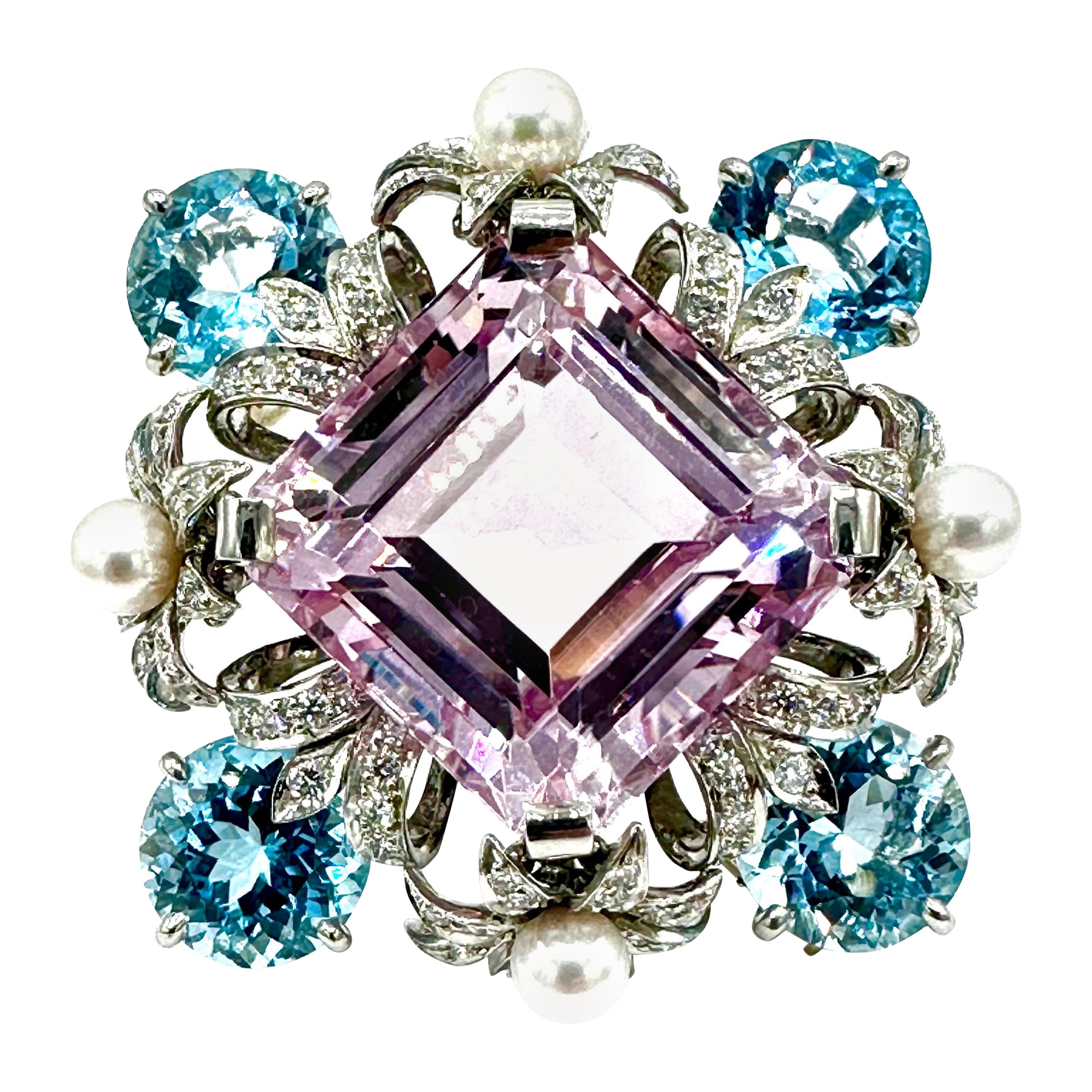 Bielka 60.00 Carat Kunzite, Blue Topaz, Diamond & Pearl Platinum Brooch For Sale