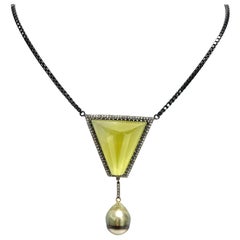Yellow Prehnite with Tahitian Pearl and Diamonds Paradizia Necklace