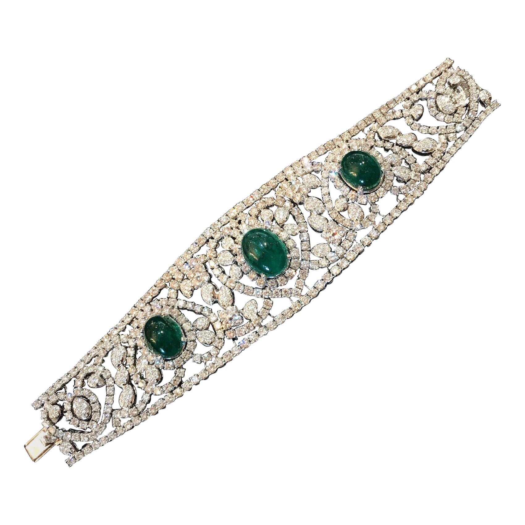 Large Estate Emerald Cabochon and Diamond Bracelet 18k White Gold For Sale