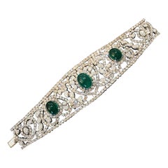 Vintage Large Estate Emerald Cabochon and Diamond Bracelet 18k White Gold