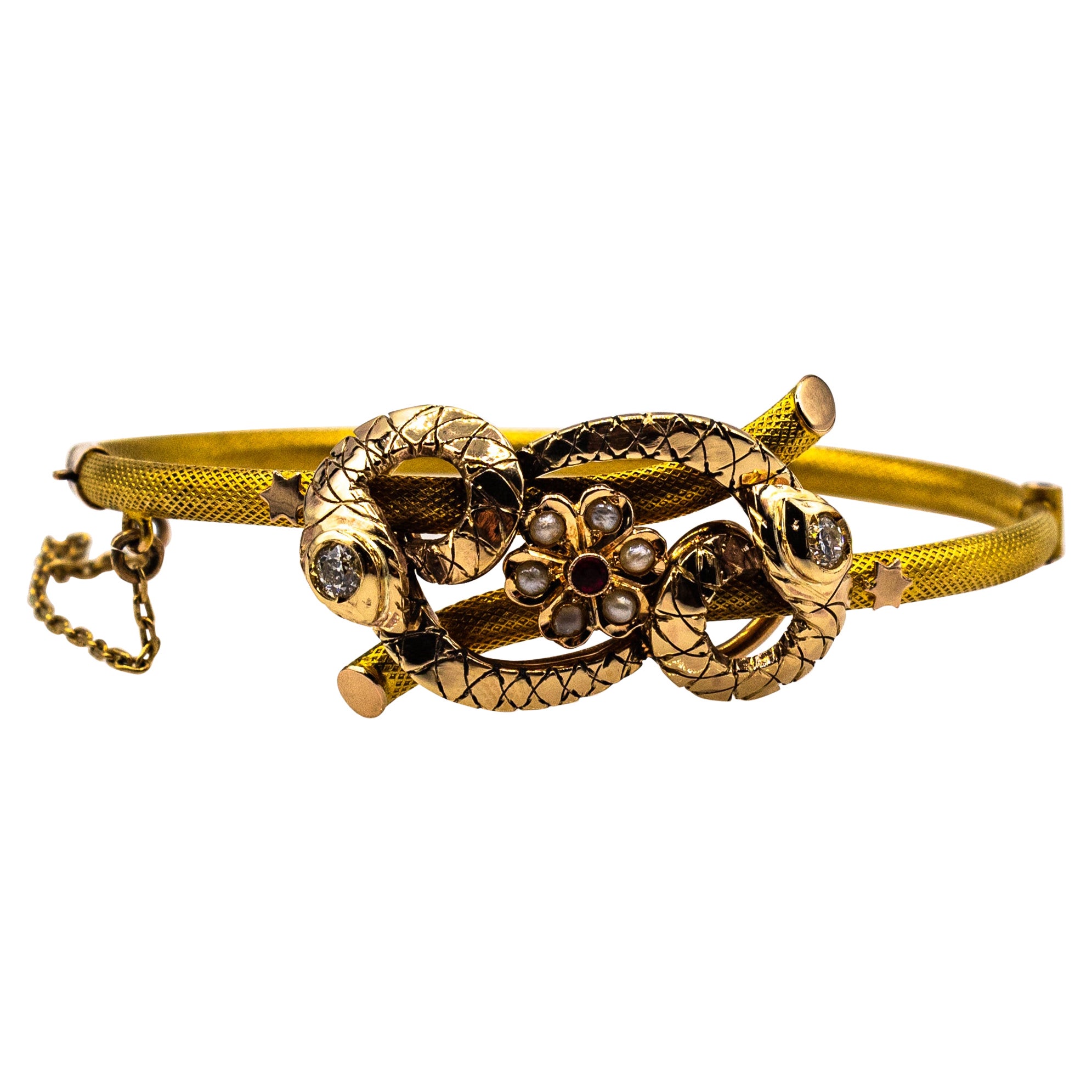 Art Nouveau Style White Diamond Ruby Pearl Yellow Gold "Snakes" Clamper Bracelet