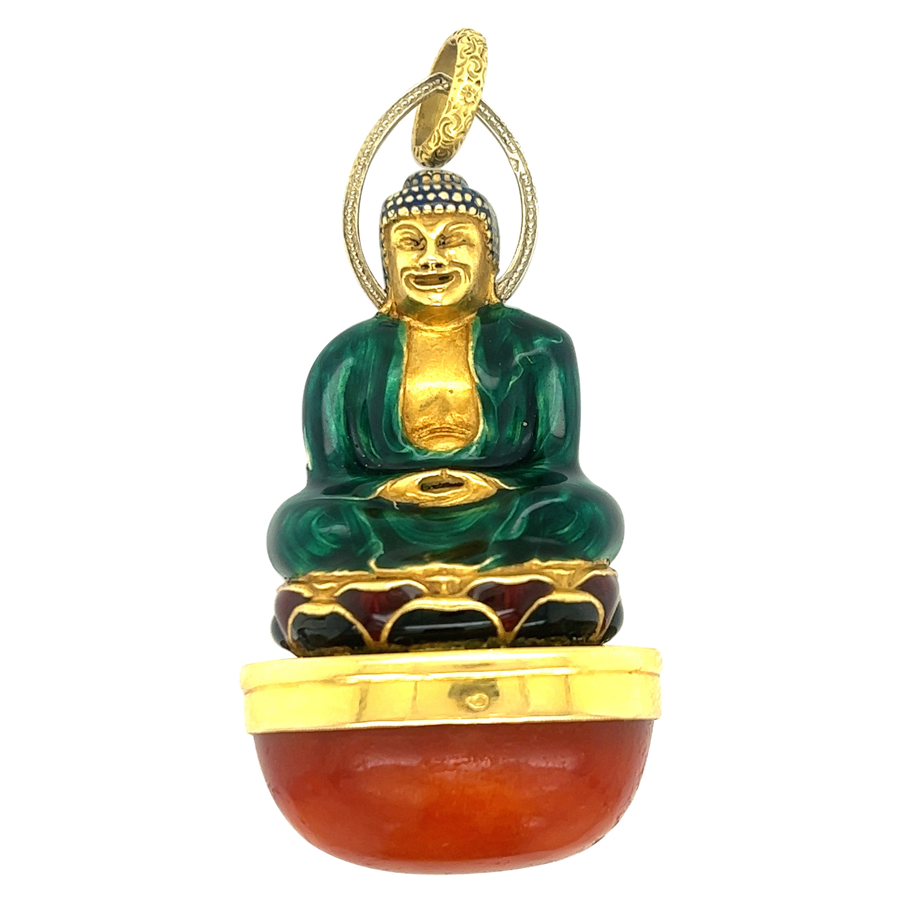 Sasportas Französischer Art-Déco-Buddha-Anhänger aus 18 Karat Gelbgold mit Bernstein und Emaille