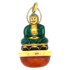 Sasportas Pendentif Bouddha Art déco français en or jaune 18 carats, pierres précieuses ambrées et émail